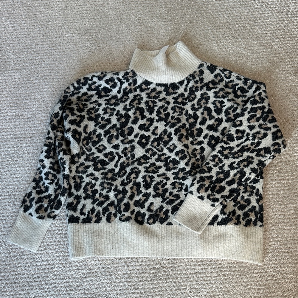 LOFT Black and Cream Leopard Cowl Neck Sweater